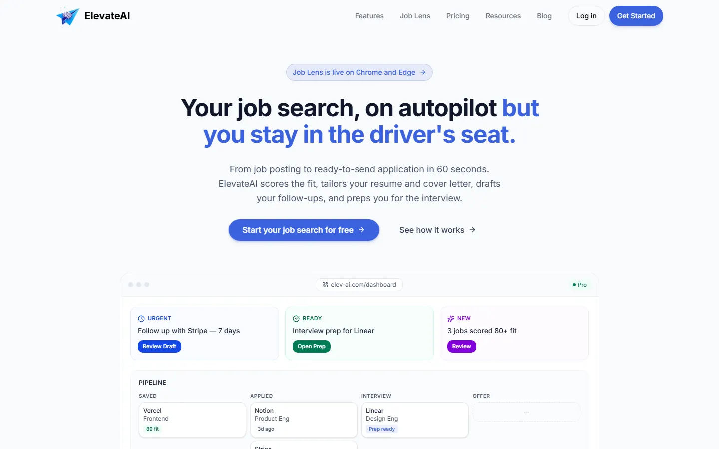 ElevateAI homepage with a job pipeline and next actions
