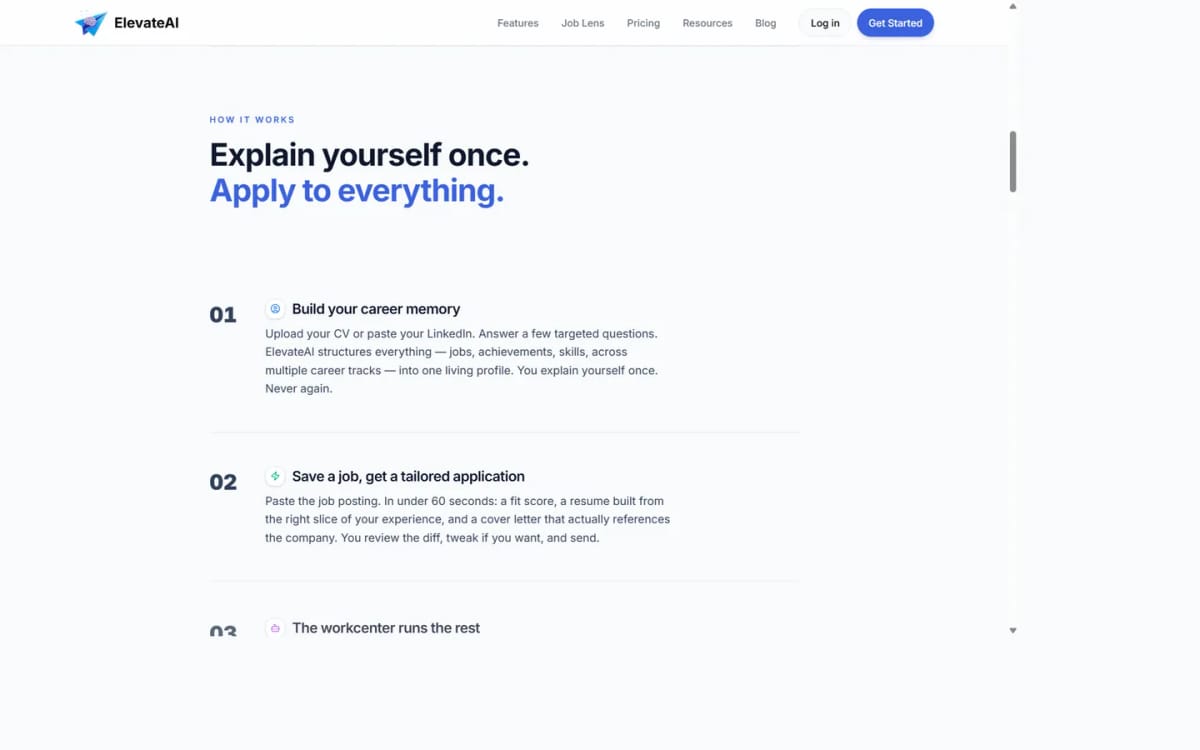 ElevateAI how-it-works section explaining career memory as the source for every application
