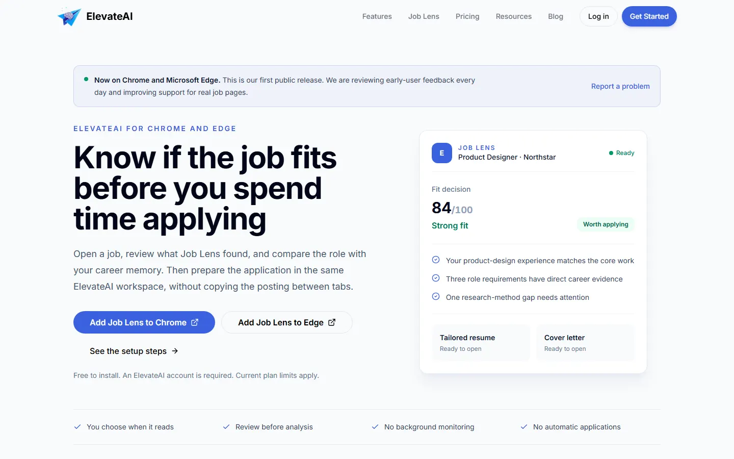 Job Lens Chrome and Edge extension with an 84 out of 100 fit score and ready resume and cover letter